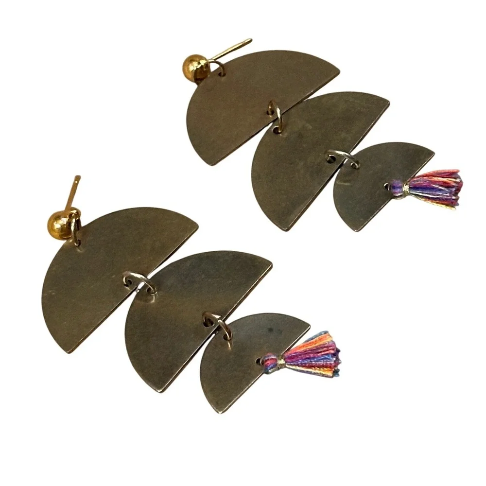 Handcrafted Brass Tiered Semi Circle Dangle Earrings‎ with Multi Color Tassels